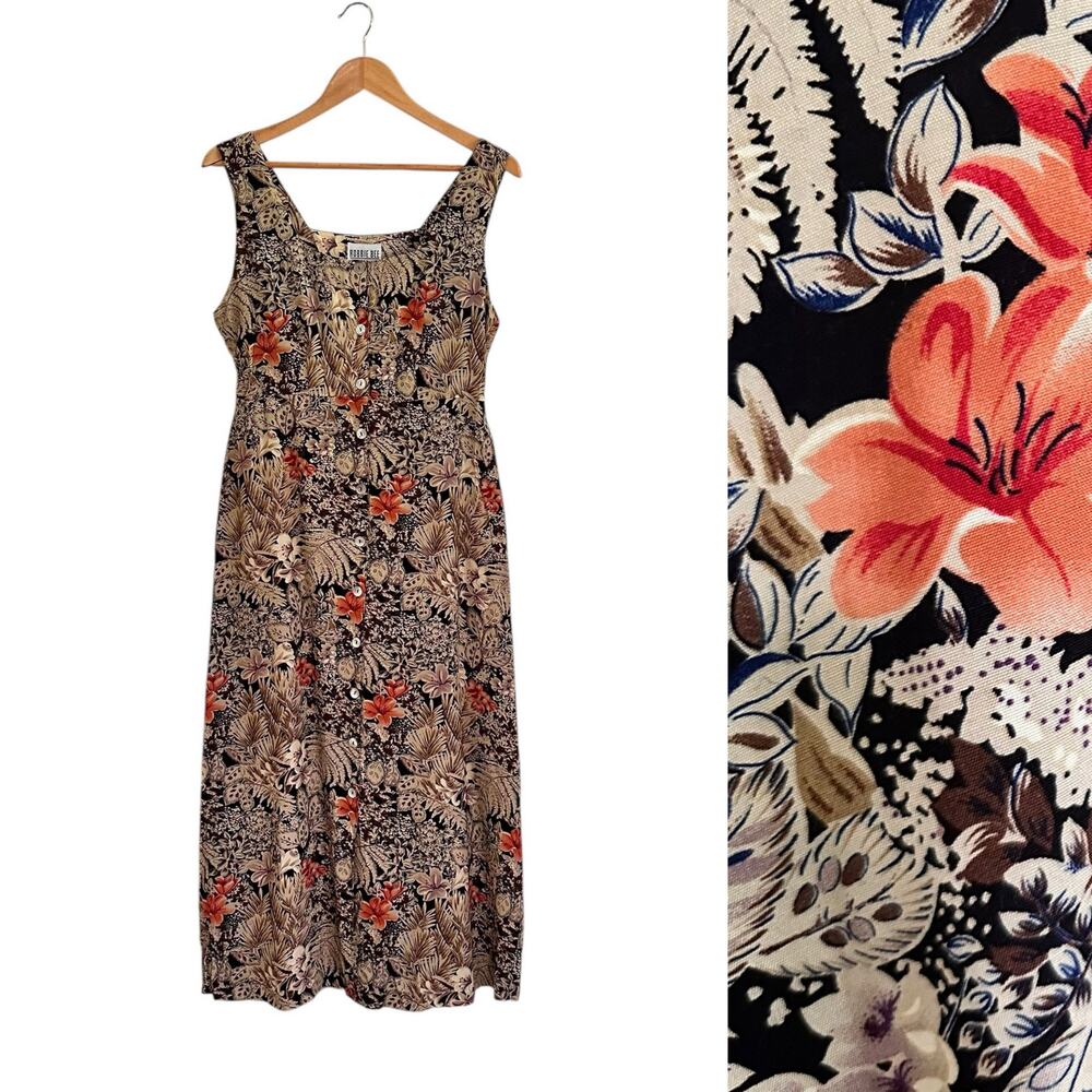 Vintage 90s does 40s Robbie Bee Button Down Maxi Dress Sz 10 Tropical Floral